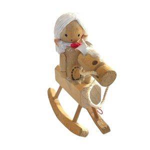 Vintage Wooden Christmas Ornament Girl on Rocking Horse Handmade Retro 50s 60s